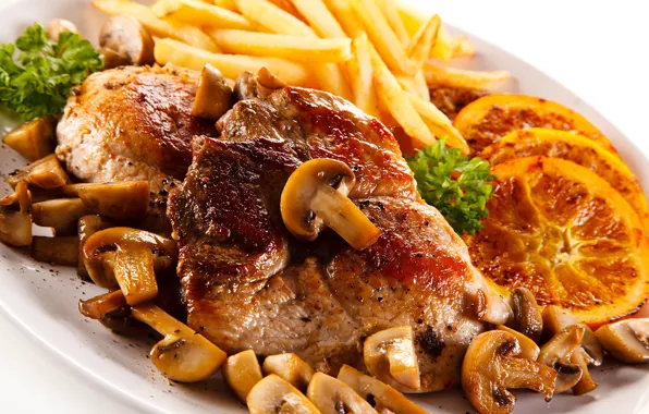 Mushrooms, meat, potatoes