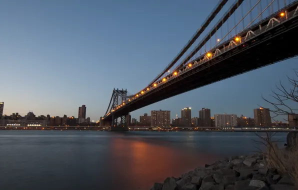 Picture bridge, the city, lights, river, home, New York, the evening, channel