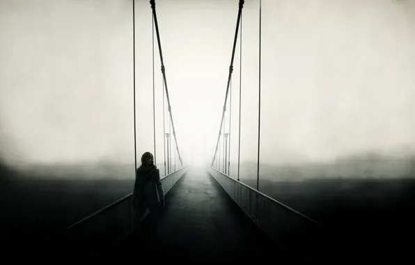 Road, landscape, bridge, fog, people, mood, the fence, people