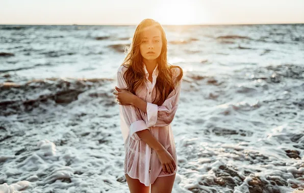 Picture sea, girl, pose, hands, blouse, long hair, Masha, Nikolay Novikov