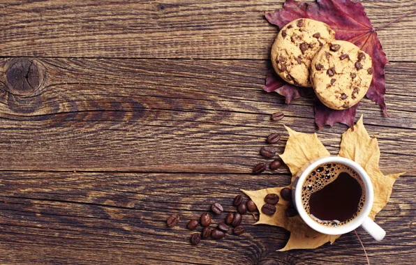 Autumn, leaves, coffee, cookies, Cup, wood, autumn, leaves