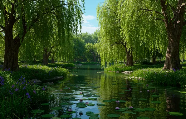 The sky, water, pond, sky, water, water lilies, willow, pond