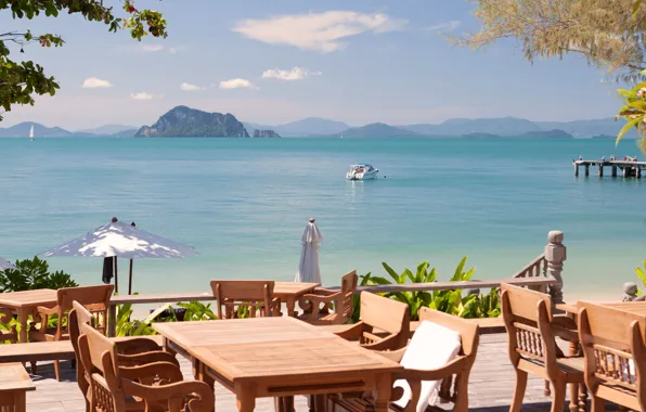 Beach, mountains, the ocean, coast, Villa, umbrellas, Thailand, restaurant