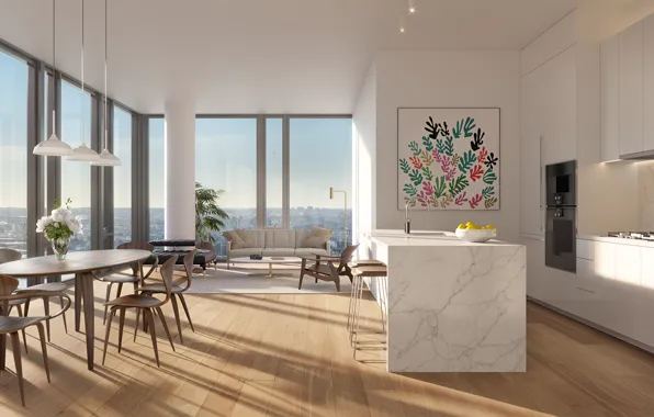 Design, style, interior, kitchen, New York, megapolis, living room, dining room