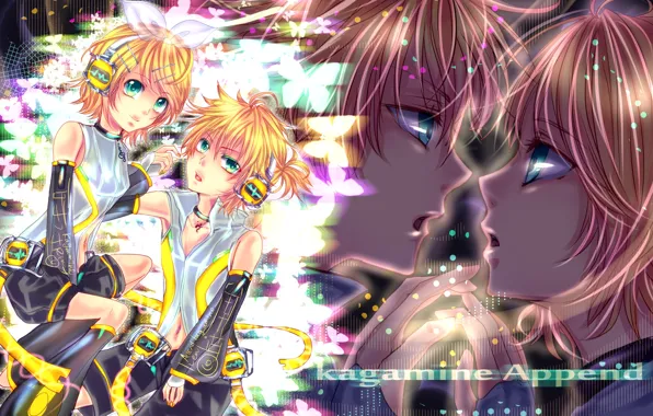 Headphones, two, bow, Vocaloid, Vocaloid, Kagamine Len, Kagamine Rin