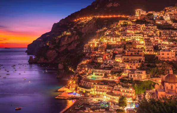 Sea, night, lights, home, Italy, panorama, Amalfi, Positano