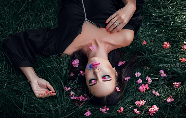 Flowers, nature, pose, model, portrait, makeup, dress, brunette