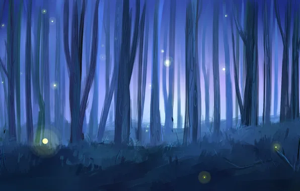 Forest, trees, night, fireflies, art, painted landscape