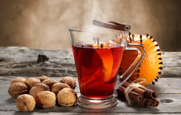 Picture winter, orange, Cup, drink, nuts, cinnamon, carnation, spices