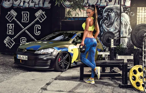 Girl, sexy, model, Volkswagen, brunette, sexy, beauty, Golf