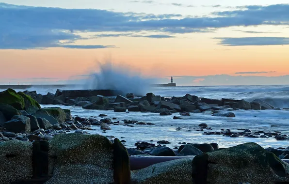Sea, wave, landscape, lighthouse