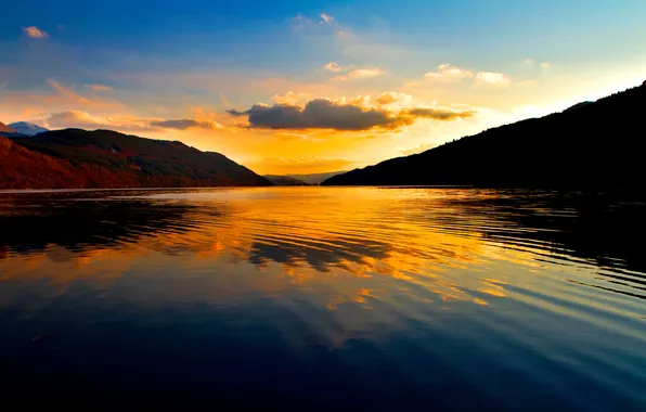 The sky, water, sunset, reflection, mountain