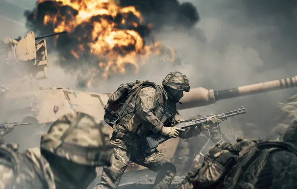 The explosion, weapons, attack, soldiers, Battlefield, video game, EA Games, Poster