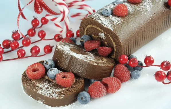 Berries, raspberry, blueberries, cream, dessert, cakes, chocolate, powdered sugar