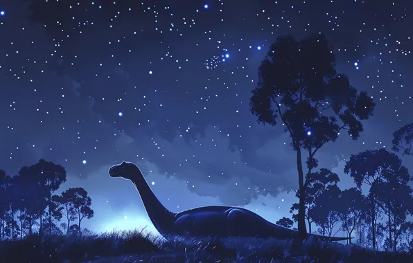 Night, Stars, Trees, Dinosaur, Animal, Digital art, Ancient animals, Extinct animals
