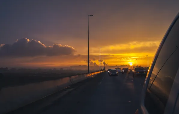 Picture road, machine, the sky, clouds, sunset, mirror, horizon
