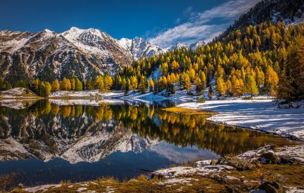 Autumn, forest, snow, trees, mountains, lake, reflection, Austria