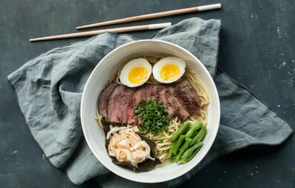 Egg, food, meat, noodles, asparagus