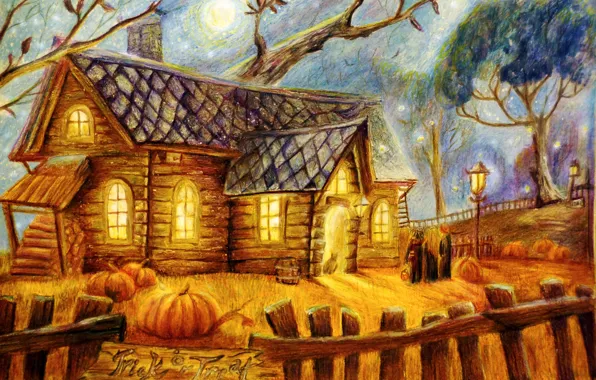 Picture trees, house, people, the moon, the fence, lights, pumpkin, Halloween
