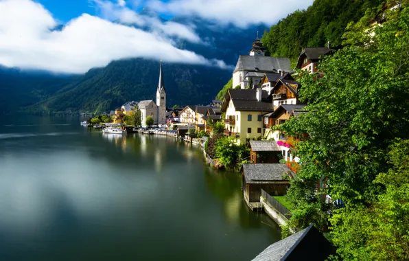 Mountains, lake, building, home, Austria, Alps, Austria, Hallstatt