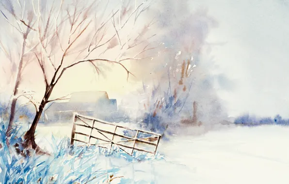 Winter, landscape, picture, watercolor