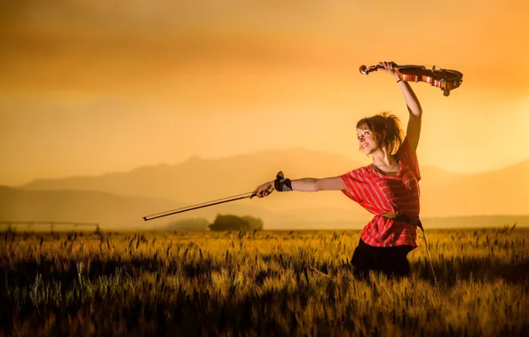 Field, sunset, mountains, violin, violin, Lindsey Stirling, Lindsey Stirling