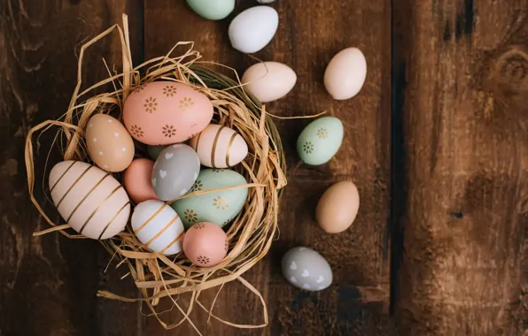 Board, eggs, Easter, straw, different, painted, eggs