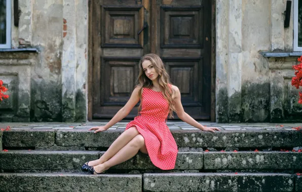 Look, girl, pose, the building, dress, blonde, steps, beauty