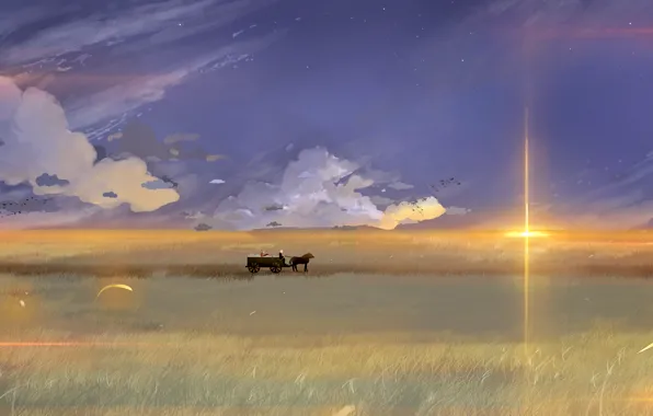Field, the sky, horse, horizon, space, wagon, Spice and wolf, Spice and Wolf
