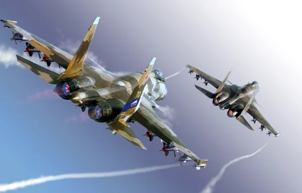 Picture the sky, the plane, fighter, missiles, Sukhoi, multipurpose, super-maneuverable, su-37