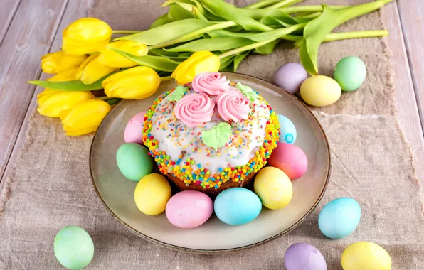 Flowers, eggs, spring, colorful, Easter, tulips, happy, cake