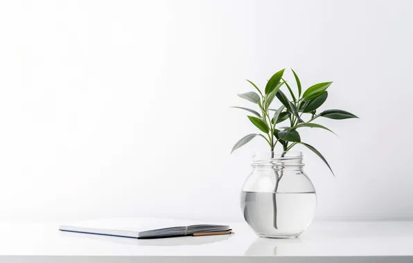 Picture white, leaves, water, branches, minimalism, vase