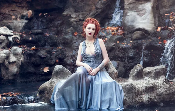 Chest, leaves, water, reflection, rocks, woman, hair, dress