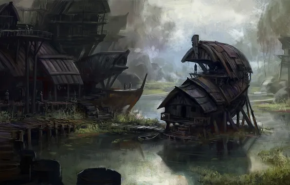 Bridge, river, people, home, art