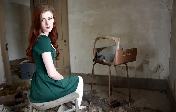 Girl, background, TV