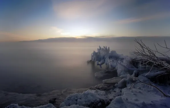 Picture ice, lake, morning, foggy, long exposure