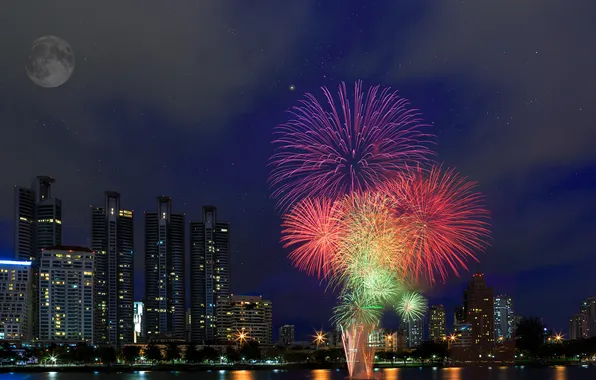 Picture night, the city, lights, river, holiday, the moon, fireworks