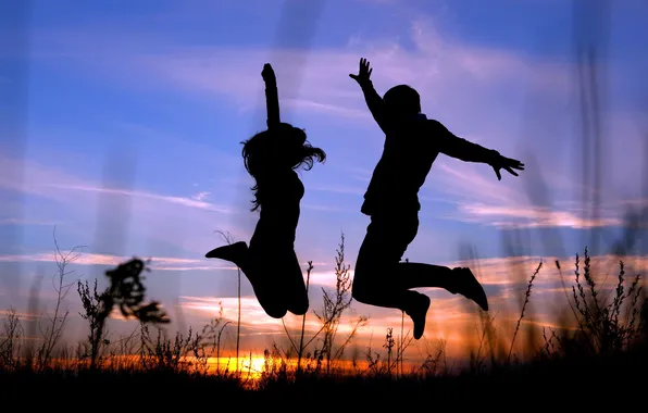 Picture GIRL, HORIZON, JUMP, SUNSET, GUY, DAWN, SILHOUETTES