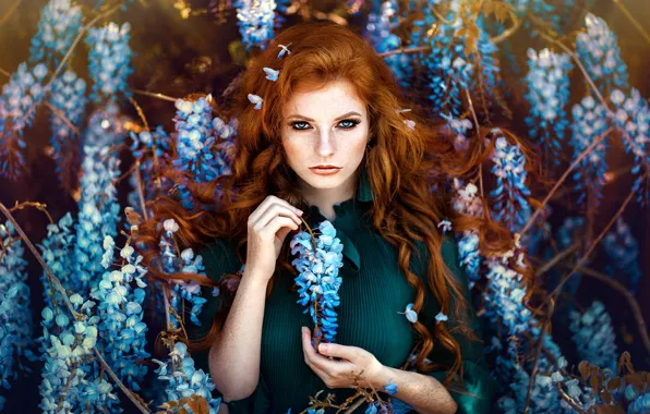Flower, summer, look, girl, flowers, branches, nature, face