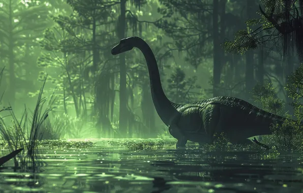 Water, Lake, Trees, Dinosaur, Neck, Animal, Digital art, Ancient animals