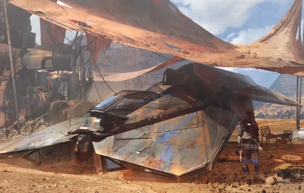 Mountains, people, chairs, tent, aircraft, Hidden, venator ship