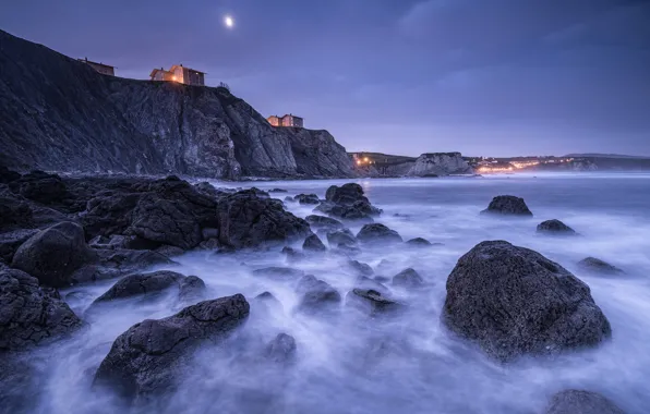 Picture the sky, night, lights, stones, rocks, the moon, shore, lighting