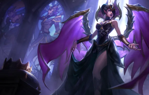 Picture girl, fantasy, game, cathedral, wings, crown, angel, League of Legends