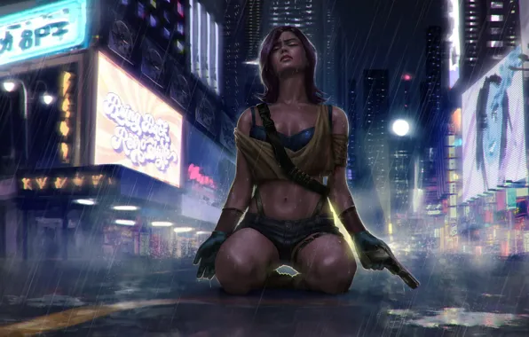 Girl, city, the city, pose, gun, rain, street, girl