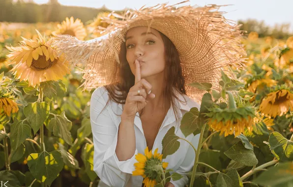 Field, summer, girl, sunflowers, face, mood, hand, hat