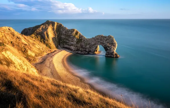 Sea, beach, grass, clouds, light, rocks, shore, slope