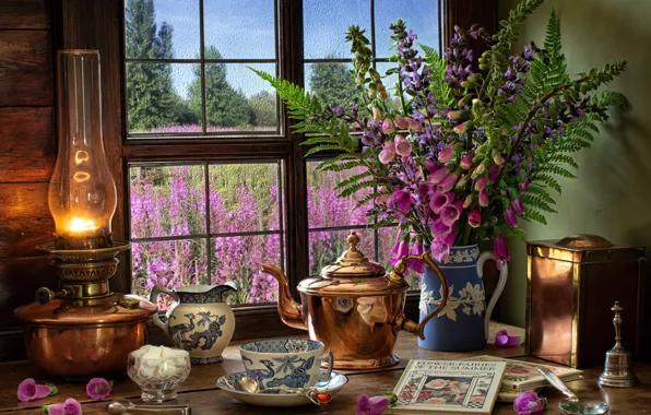 Flowers, style, books, lamp, bouquet, kettle, window, mug