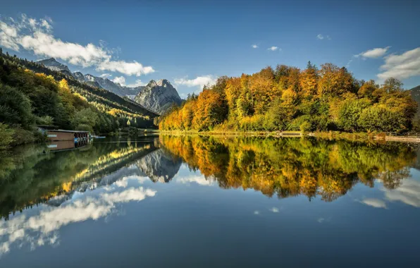 Autumn, forest, mountains, lake, reflection, Germany, Bayern
