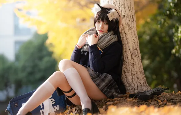 Gun, Beautiful, Asian, Model, Tree, Woman, Pretty, Sitting