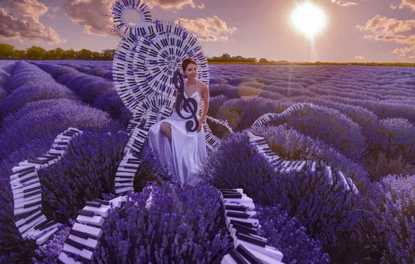 Summer, girl, nature, style, music, keys, white dress, lavender